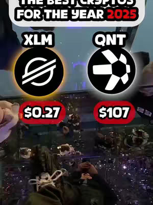 The cover image is a vertical composition featuring a dark, underwater setting with various elements. At the top, white text on a dark banner reads "THE BEST CRYPTOS FOR THE YEAR 2025". Below, a stylized layout showcases two crypto symbols: 'XLM' and 'QNT', each within a black circle. Below each symbol, a red banner displays their predicted value: '$0.27' and '$107', respectively. In the obscured foreground are several elements. The background is dark. The overall vibe is suggestive of underwater or deep-sea photography. The composition uses strong high-contrast elements to draw attention to the numerical data and crypto symbols.