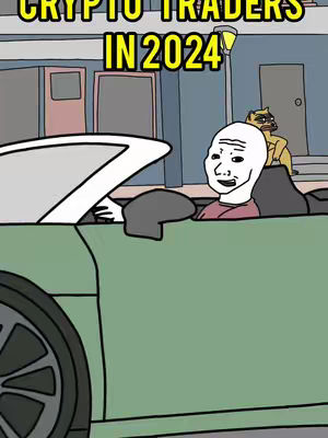 A cartoon image depicting a person in a car. The person has a simple, white-faced design and is driving a green car. The text overlay across the top reads, "CRYPTO TRADERS IN 2024."