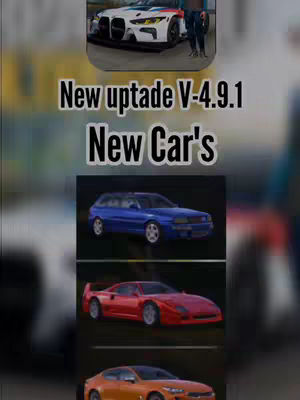 The cover image features several car models against blurred backgrounds and text overlays. At the top, a white BMW car is displayed, with text saying 'New Uptade V-4.9.1'. Below this, three more cars follow in descending order. The overall composition is organized vertically.