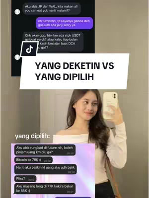 The cover image shows a collage-style composition. On the top left are chat messages, and in the middle, there's a white banner that says, "YANG DEKETIN VS YANG DIPILIH." Below this, a woman is taking a selfie with her phone. At the bottom, further chat messages include financial concerns.