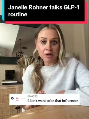 The image shows a woman speaking into a camera. She has blonde hair and is wearing a gray sweater. There are items on display in the background, including a lamp. In the bottom left is a voice-over box with the word "Lie" and the text, "I don't want to be that influencer."