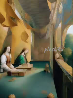 An artistic, digitally rendered image depicts a room with classical architecture. Two figures, likely women, are seated at desks in the foreground on a teal-colored floor. The walls and ceiling have a flowing, abstract design in shades of yellow and gold. Sunlight streams in through large windows on the right side, enhancing the ethereal atmosphere of the scene.