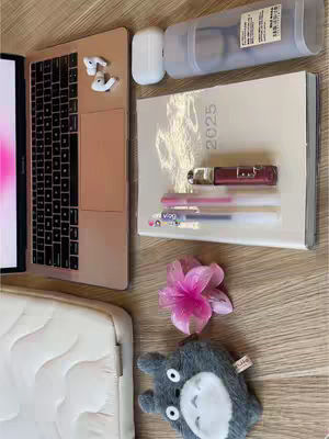 The cover image shows a top-down view of a desk that appears to be set up for studying. Items include a laptop, a small notebook, pens, a water bottle, ear buds and a plush toy. The objects are arranged on a wood surface, with the laptop slightly open, and other study material nicely organized around.