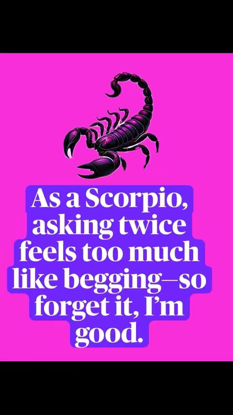 A graphic with a scorpion illustration on a bright pink background. Below it is text in a purple box.