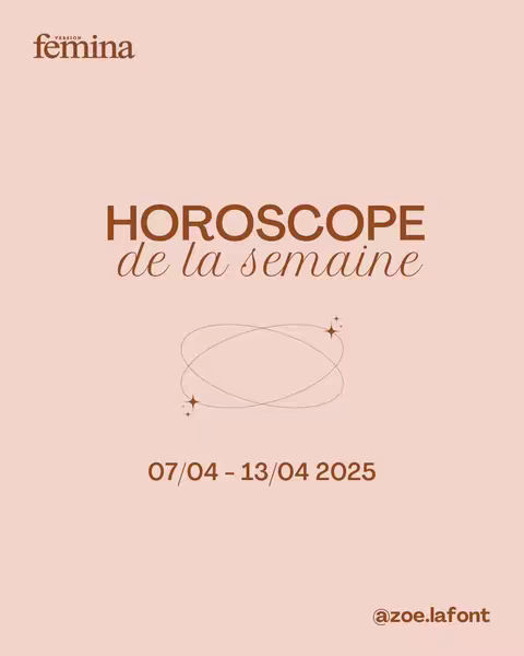 The cover image is a minimalist design with a soft, peachy-pink background. At the top left, the word "f
femina" is displayed in a sans-serif font. In the center, the words "HOROSCOPE de la semaine" are written in a warm brown, elegant font. A series of interconnected, stylized ellipses with a star on each side forms a graphic element underneath the text. The date "07/04 - 13/04 2025" is displayed in the same warm brown color and a simple sans-serif font. At the bottom right corner, the username "@zoe.lafont" is indicated in a smaller font size.