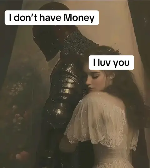 An artistic image depicting a man in knight's armor embracing a woman. The knight is mostly in shadow while the woman is in a white dress and is hugging him, her face near his. Two text boxes, one above the knight and one to the right, contain text.