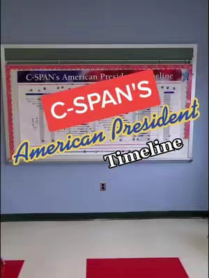 The cover image shows a classroom setting with a whiteboard displaying a timeline. There are added text overlays, including a red rectangle with white text reading 'C-SPAN'S' and below it 'American President Timeline' in a dynamic, slightly angled yellow font.