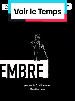 A cartoon graphic featuring a stark black background, with text laid over. At the top, a colored banner reads "Voir le Temps" in large white font. Below is a drawing of a man wearing a coat, glasses, and a cane. He is holding a chain that is connected to the word "EMBRE" written in large, white, sans-serif letters. At the very bottom are the words "passer du 31 décembre" and the @skarblow_anim username.