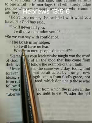 A close-up shot of a Bible page with a pen partially obscuring the text. The text is a passage from Hebrews, with a pen pointing to a specific verse. The background is the textured, slightly yellowed paper of the Bible itself.
