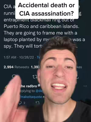 A screen recording of a Twitter thread with a man speaking into the camera in front of the screen, with text overlay to the top left about a CIA assassination.