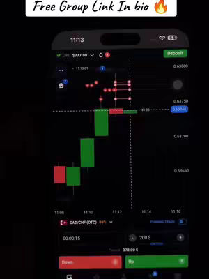 A smartphone screen displaying a trading app interface with a candlestick chart. Green and red candlesticks show price movements. Text overlays appear at the top and bottom of the screen.