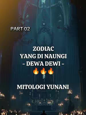 The cover image is a vertically oriented graphic with a dark, mystical theme. The background features a towering, shadowy figure that resembles a statue or a deity, with an arched structure above it. The figure has a detailed, flowing design and is positioned in the middle of the frame, with a long drape. Overlaid on this background are various text elements in white. The text 'PART 02' is at the top, and below it, the words 'ZODIAC YANG DI NAUNGI - DEWA DEWI -' are prominently displayed. Below this, three flame emojis are aligned horizontally. At the bottom, the text 'MITOLOGI YUNANI' is featured. The overall composition is dark and atmospheric, with a sense of mystery and fantasy.