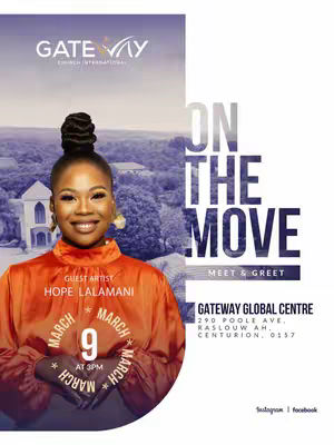 A promotional image featuring a woman's head and shoulders, wearing an orange shirt, with a church logo in the top left corner, and the words 'ON THE MOVE MEET & GREET'. Information on the Gateway Global Centre is listed at the right as well as the date March 9 and the words 'GUEST ARTIST HOPE LALAMANI'. Overall warm tones with a professional composition.