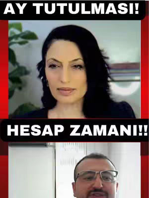The image is a split screen with a woman in the upper half and a man in the lower half. Above the woman is the text \"AY TUTULMASI\". Below the woman and above the man is the text \"HESAP ZAMANI!\".