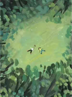 An overhead view of an illustration, showcasing two figures lying on a grassy area surrounded by lush green foliage. The figures are seen from above, with one wearing a yellow shirt and blue pants, and the other in a white shirt and black pants. The green foliage encompasses the scene, creating a sense of seclusion. The artwork has an illustrative style, with varying shades of green forming the trees and grass, and the sky is subtly visible, with a few small white specs that could be stars.