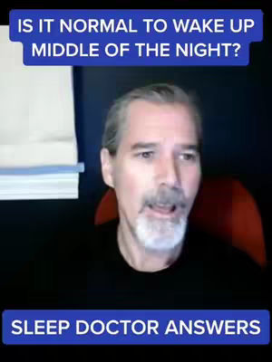 A man with graying hair and a beard is centered in the frame, speaking. Above him is a blue rectangle with white text. Below the man is another blue rectangle with white text, indicating the video is about sleep with its doctor.