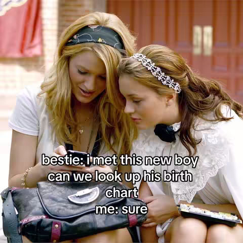 Two women, one holding a phone, looking at it with interest. The background is blurred, suggesting an outdoor location with warm lighting. Text overlays the image, formatted in a conversational style.