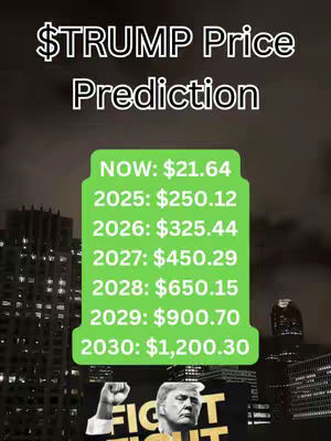 The image displays a price prediction chart for a cryptocurrency called TRUMP, set against a nighttime cityscape backdrop. At the top, white text states '$TRUMP Price Prediction'. A green rectangular box in the center presents price forecasts from 'NOW' through 2030, using white text. At the bottom of the image is a partially visible image of Donald Trump with a fist raised.