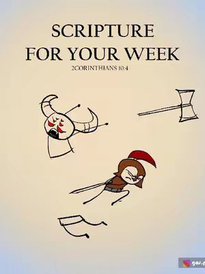 The cover image features a beige background with stylized cartoon graphics and text. The text reads 'SCRIPTURE FOR YOUR WEEK' at the top, followed by '2CORINTHIANS 10:4' underneath. Illustrations include a devil-like character, a double-bit axe, and a running soldier character. The overall design has a simple, illustrative style.