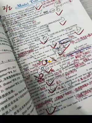 An open textbook displaying a model test with multiple-choice questions. The pages are well-worn, with red pen markings, corrections, and check marks densely covering the text. Some characters are visible from the text itself.