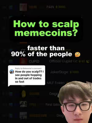 The cover image features a close-up of a person wearing glasses with a financial data screen behind them. The main text overlays read,"How to scalp memecoins? faster than 90% of the people". The image has a dark background that contains app info screens in the background.