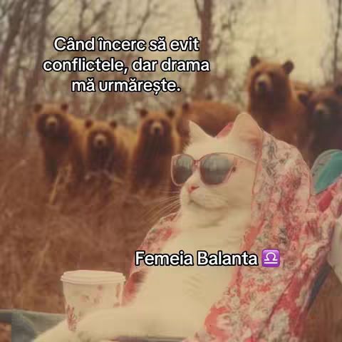 A whimsical image features a white cat wearing sunglasses and draped in a patterned shawl, reclining in a chair. Behind the cat, a blurred picture of brown bears is visible. Text overlays are present in the image.