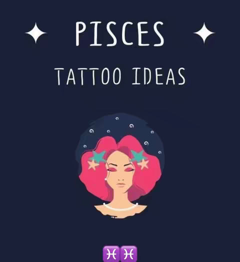 The cover image presents a stylized illustration against a deep blue background. The main graphic features a woman with pink hair adorned with star-shaped clips, suggesting a celestial association. Above the figure is text: PIECES TATTOO IDEAS. The image is enclosed by small sparkling white stars, with two symbols at the bottom.