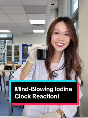 A woman in a white lab coat holds a beaker with a dark liquid, smiling into the camera. A text box at the bottom displays a title.