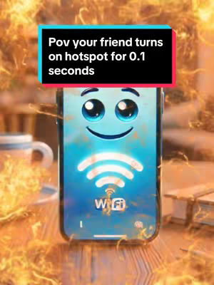 A smartphone with a face is centered on the image, radiating light around it. A text overlay at the top reads "Pov your friend turns on hotspot for 0.1 seconds". The background is blurred, suggesting a warm or vibrant setting.