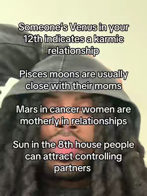 A person wearing a gray hoodie with the hood up, the cover image displays text over the person, including phrases relating to astrology such as, "Someone's Venus in your 12th indicates a karmic relationship."