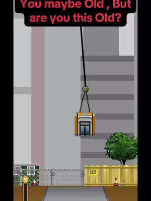 The image shows a pixelated graphic, likely from a video game. A crane with a hook is lowering a pixelated structure, possibly a building or elevator. Above, text overlayed in a red box asks, "You maybe Old, But are you this Old?" The background comprises a grey cityscape with a fence and a yellow barrier.  There's greenery with a tree.