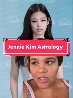The image features a split composition. The top half showcases a professional still of Jennie Kim with dark hair against a blurred blue background. A red rectangle with white text overlays this portion. The bottom half features a person of color with a visible pink and white top with focus on their face which is used to provide commentary.