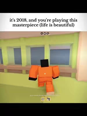 A screenshot from a video game, featuring a blocky character in an orange jumpsuit walking in a 3D environment. The game environment has a green and tan color palette, with a few windows in the background. Text overlay at the top.