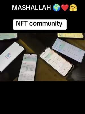 A dark-toned image featuring multiple smartphones arranged on a surface. The phones display various app interfaces with financial data. At the top, the text 'NFT community' in a white rectangular box is visible. The image is decorated with icons, including an earth, a heart, and a smiling face.