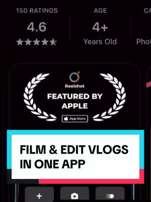 The image is a screenshot of an app interface. At the top are ratings and age information. In the center is a badge with a laurel wreath around the words "FEATURED BY APPLE." Below this, set on an aqua teal background, is the text "FILM & EDIT VLOGS IN ONE APP."