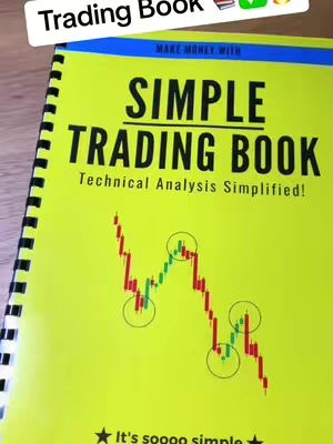 The cover image shows a book titled 'Simple Trading Book' with a bright yellow cover. The book displays a chart of a stock's performance and analysis techniques, highlighting significant trend points in circles. The overall layout is clean and the content is clearly organized with black text.
