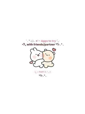 Two cartoon characters, a white rabbit-like figure and a beige bear-like figure, are embracing. Small pink hearts float around them. Above, text reads 'Apps to try' with decorative elements, and below is text that appears to be a part number. The background is plain white.