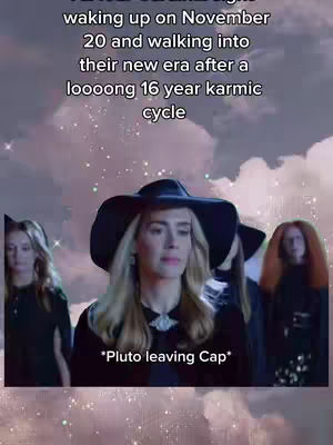 The image shows a group of women dressed in black clothing and large, black hats, in a setting that seems to be a stylized, possibly magical environment. The background is a blend of purples and whites, with a sense of either a cloudy sky or a starry night, with a faint bokeh effect enhancing the dreamy quality. The central figure is a woman with blonde hair and a serious expression looking slightly down, giving an aura of mystery. Additional text overlay adds context, mentioning astrological events.