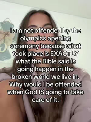 A young woman with long brown hair is centered, against a soft, blurry background. Superimposed over her image is a block of white text conveying her perspective on the Olympics opening ceremony.