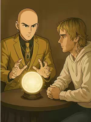 An illustration of a bald man in a gold suit seated across a table from a person with blonde hair in a white hoodie. Between them is a glowing orb that appears to be a crystal ball. The background is a softly lit, warm-toned interior.