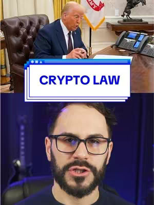 The cover image is split into two sections. The top section shows a still from an official-looking setting with former President Donald Trump at a desk. He is holding a pen and papers, in a suit, and looking at the desk items. Behind Trump is part of an American flag. An overlay in a window-style box highlights the words 'CRYPTO LAW' in bold, blue text. The bottom section shows a man wearing glasses, looking directly at the camera. He is likely the content creator. The background is a blurred room with a guitar.