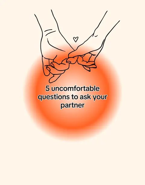 The image features a delicate line drawing of two hands holding each other by the pinky fingers, with a small heart above them. The background is a gradient of light beige to orange. In the center, a blurred orange circle contains the text '5 uncomfortable questions to ask your partner'. The overall composition suggests themes of romance and relationship.