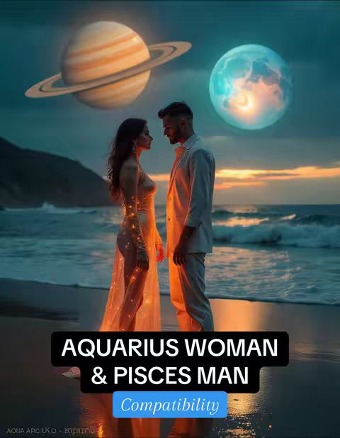 A digital illustration featuring two figures facing each other romantically on a beach, with cosmic elements in the background. A woman in a flowing, light-orange dress stands across from a suited man. Above them, there's a large Saturn-like planet and a large blue moon. Below, the text 'AQUARIUS WOMAN & PISCES MAN Compatibility' is displayed in a black banner over a blue Compatibility tag. The scene is lit with warm sunset hues, and the water reflects.