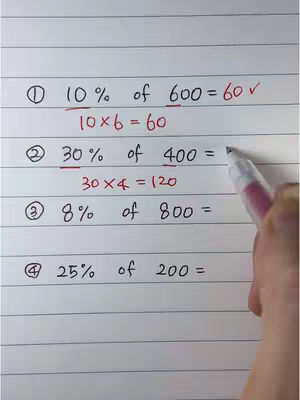 A hand holding a pen and writing mathematical equations on a white paper with lines; The written math problems show different ways to calculate percentages; The layout contains numbers, symbols, and answers, neatly arranged for the viewer to understand and calculate the correct percentage.