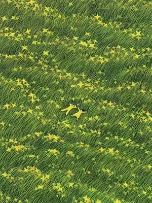 An illustrated image depicting two figures lying in a grassy field filled with star-shaped flowers. The figures are rendered in a simple style, colored in yellow, and appear to be looking upwards. The grass is a vibrant shade of green, and the star-shaped flowers have a yellow tone. This creates an overall scene of peaceful and playful atmosphere.
