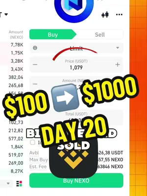 A screenshot of a trading interface shows a buy/sell interface. Overlaid are text elements of the goal of transforming $100 to $1000 in 20 days.