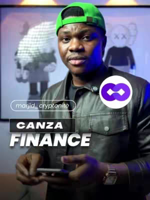 A man wearing a green cap and black leather jacket is the main subject, with a finance logo and the words 'CANZA FINANCE' overlaid. The background has abstract art.