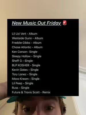 The cover image features a black rectangle containing a list of new music releases, white text on a black background. A person is visible at the bottom of the image.