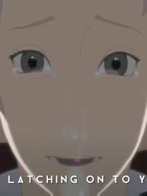 The image is a close-up of a character's face, likely from an anime, with large, expressive eyes that dominate the view. The character appears to be reacting to something with a concerned or emotional expression. The color palette is muted, with a focus on skin tones and shadows that emphasize the details of the face.