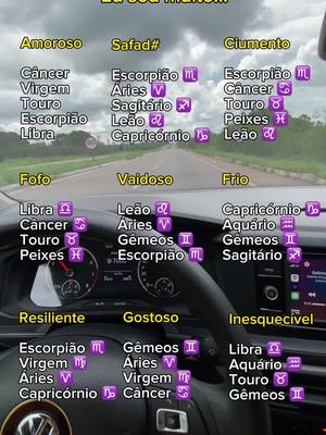 The image captures an interior car shot with the dashboard and steering wheel in focus, serving as a backdrop for a series of text overlays associated with zodiac signs. The dominant colors are a blend of dark tones from the car interior, contrasted by lighter text. The road ahead is visible through the windshield. Text is overlayed, with words arranged in neat columns. The font is sans-serif, adding a modern touch to the astrological theme.